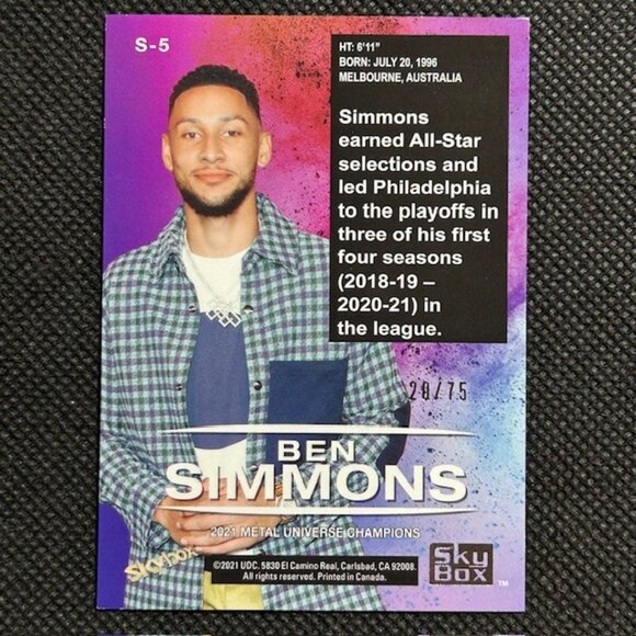 2021 Skybox Metal Universe Champions Premium Star Sapphire /75 Ben Simmons #S-5 - Picture 2 of 2